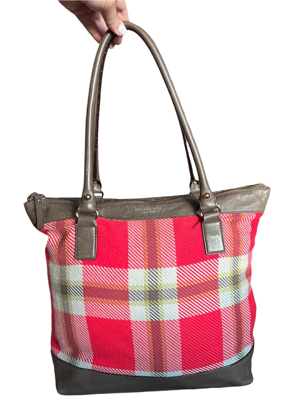 Vintage Kate Spade Red Plaid Wool Canvas Zip Top Tote Shoulder Bag - S738